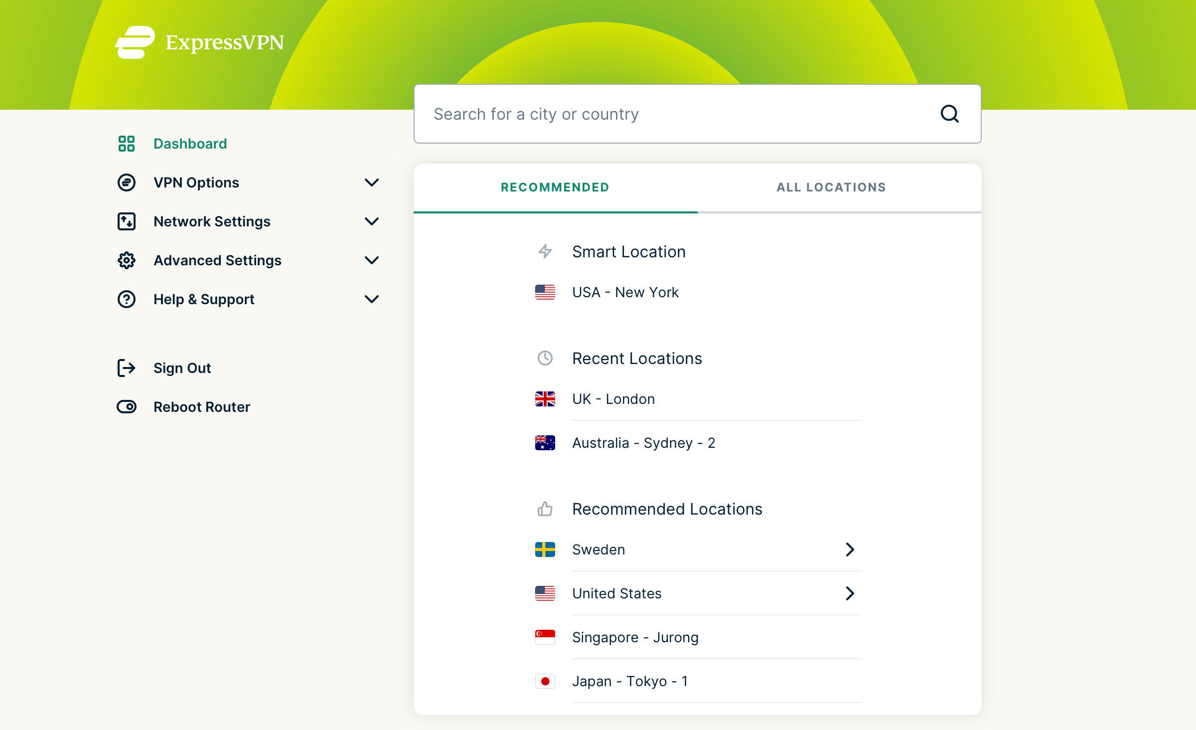 ExpressVPN router interface with location selection.