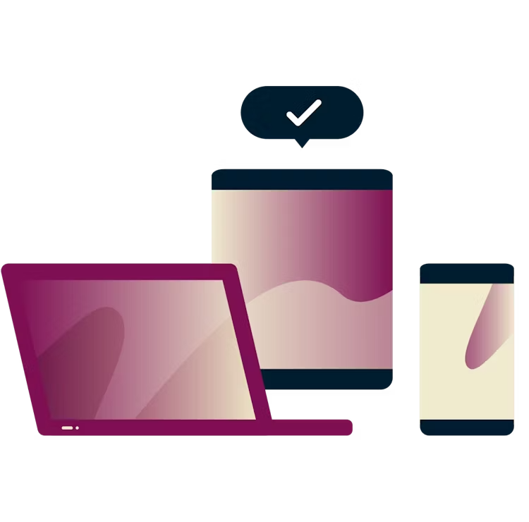 Laptops y dispositivos con una marca de verificaci&oacute;n en un bocadillo de di&aacute;logo.