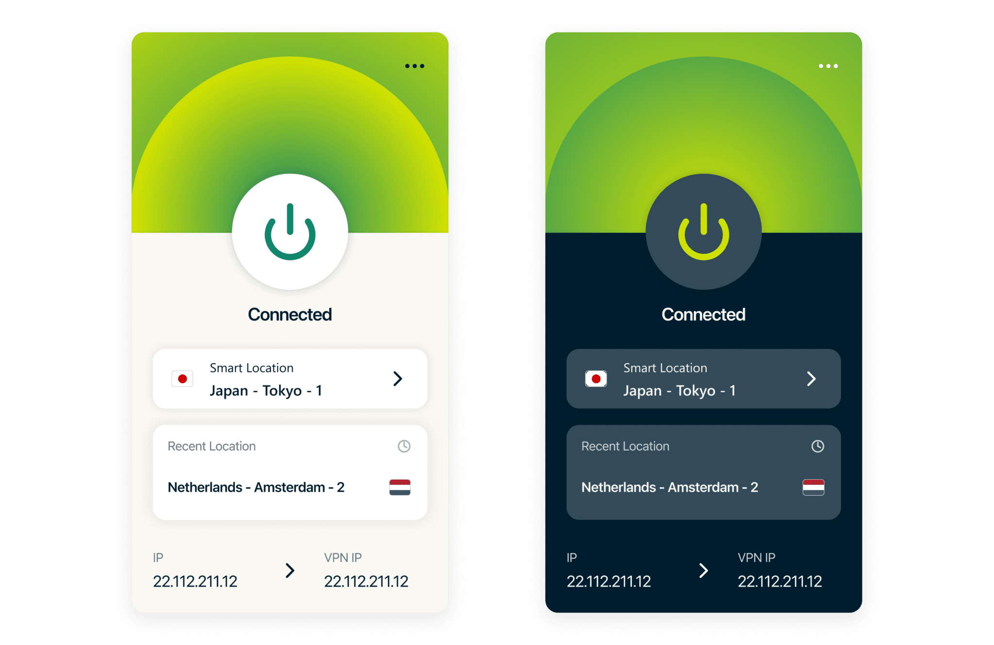 Screenshots of the light and dark mode on the ExpressVPN Linux GUI app