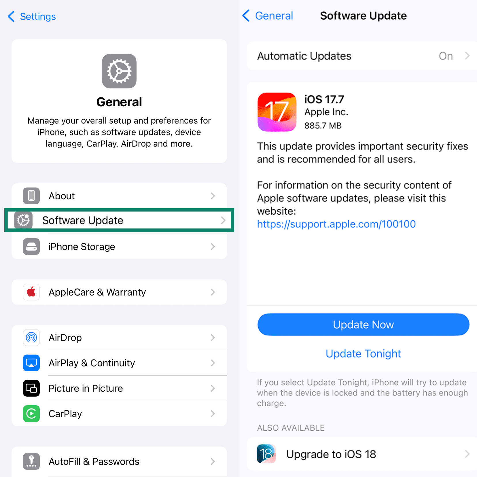 Two side-by-side iPhone settings screens showing the 'Software Update' option highlighted, leading to the update page for iOS 17.7 to iOS 18.