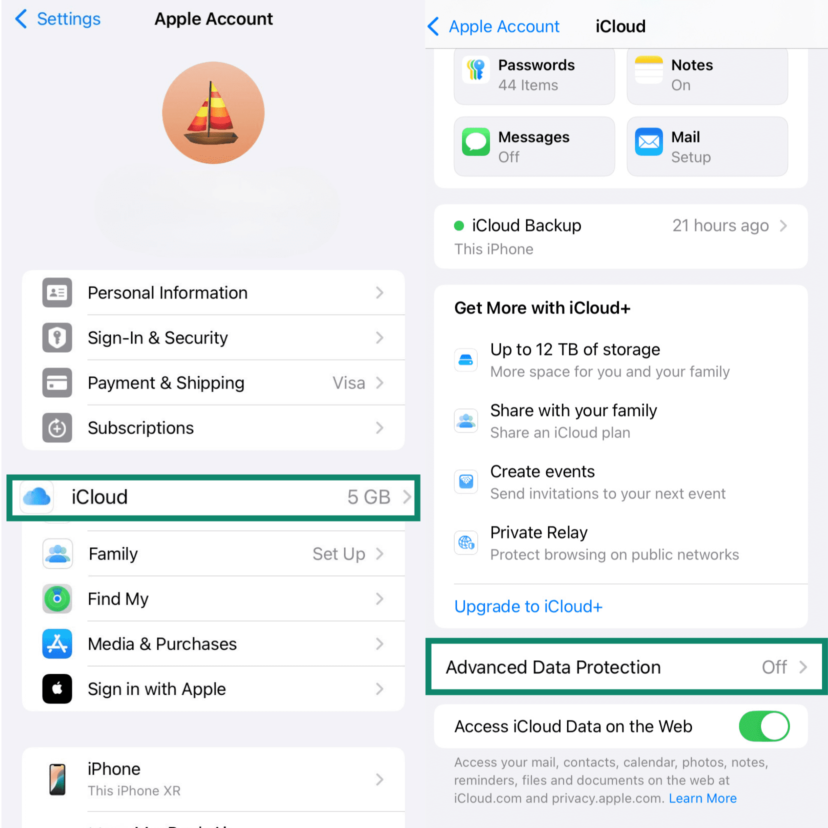 iPhone screens showing how to find the Advanced Data Protection setting. After selecting 'iCloud' from the Apple Account menu, the 'Advanced Data Protection' option is highlighted, showing its status as ready to be turned on.