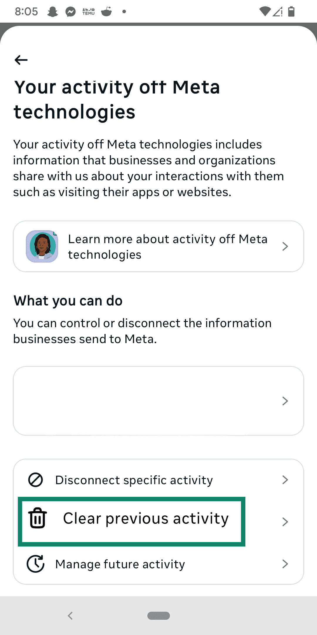 Clearing your previous activity from off meta sources.
