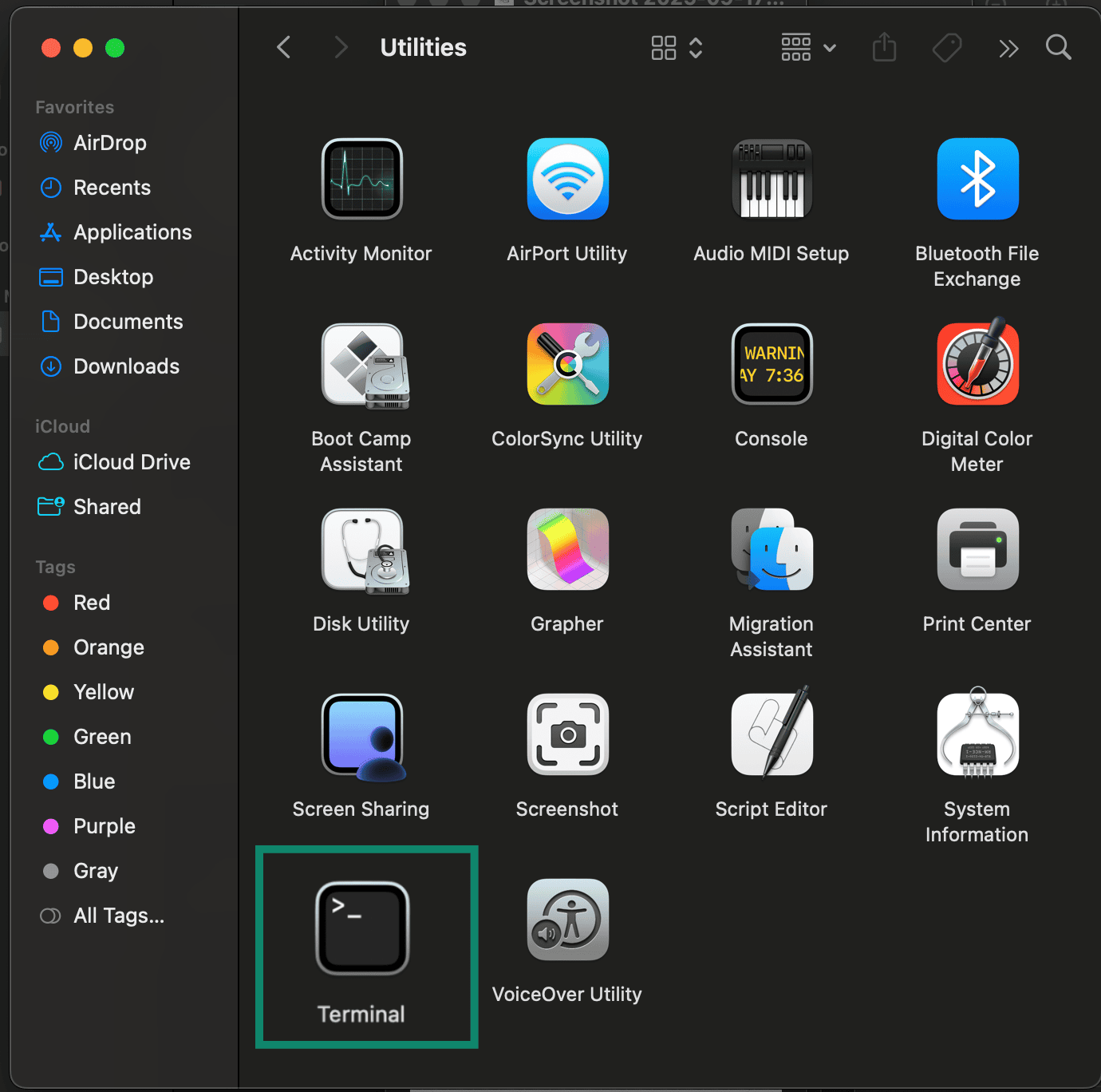 Mac Utilities with Terminal highlighted.