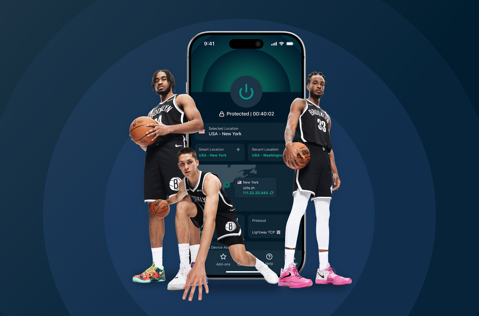 Brooklyn Nets NBA players against blue background next to ExpressVPN app running on phone