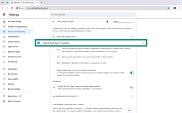 Chrome Privacy and security settings with Block third-party cookies option highlighted.