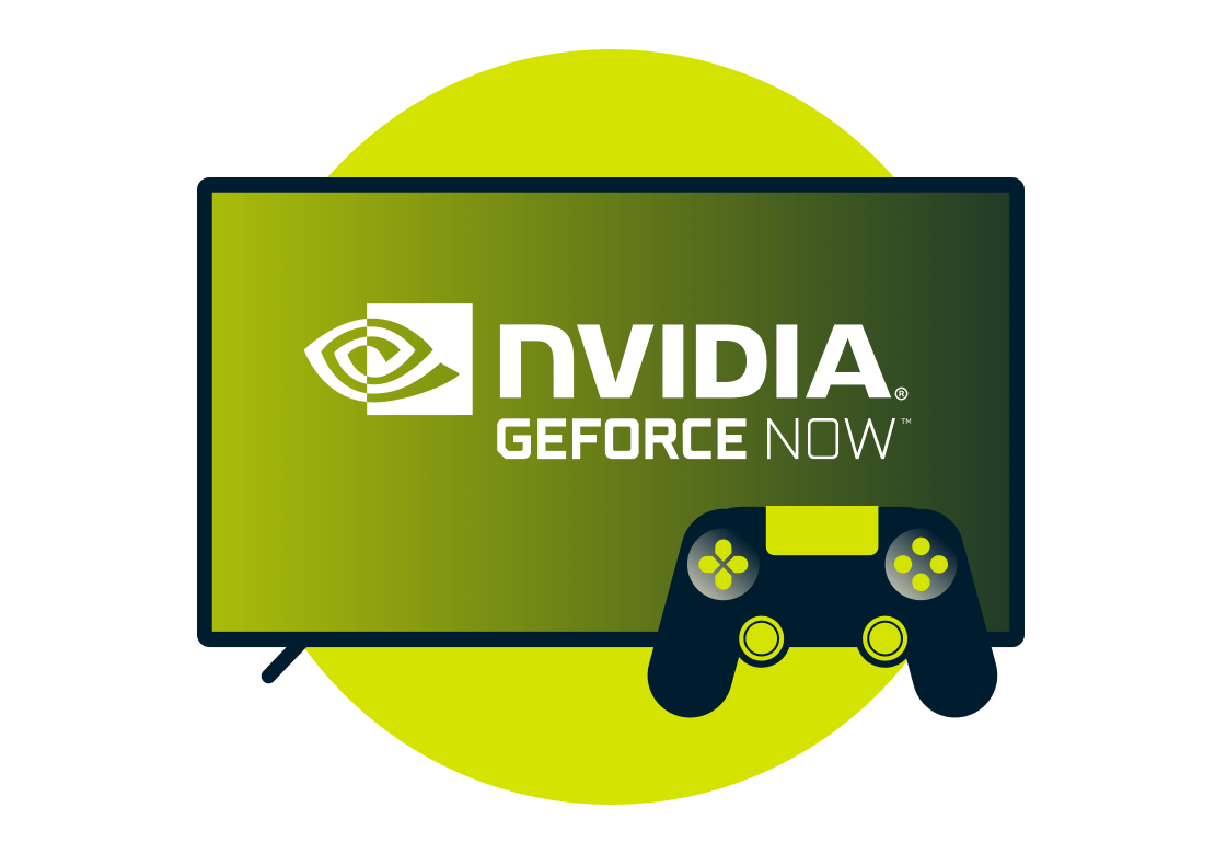 コントローラーと画面上のNvidia GeForce Now ロゴ。