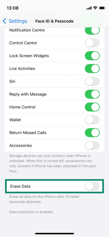 The "Erase Data" settings on an iPhone.