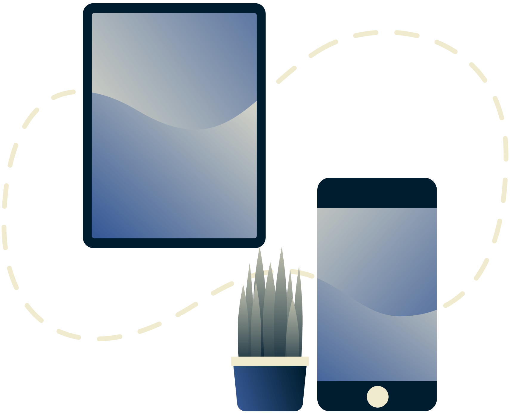 A tablet and a mobile device connected with a dashed line.