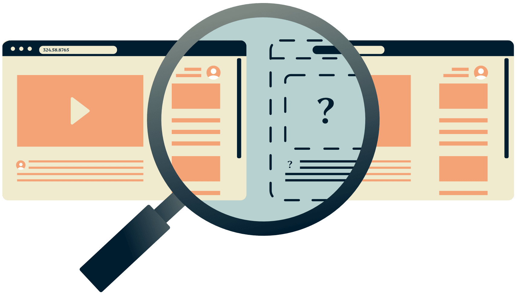 A magnifying glass over two browser windows where one of them is hidden.