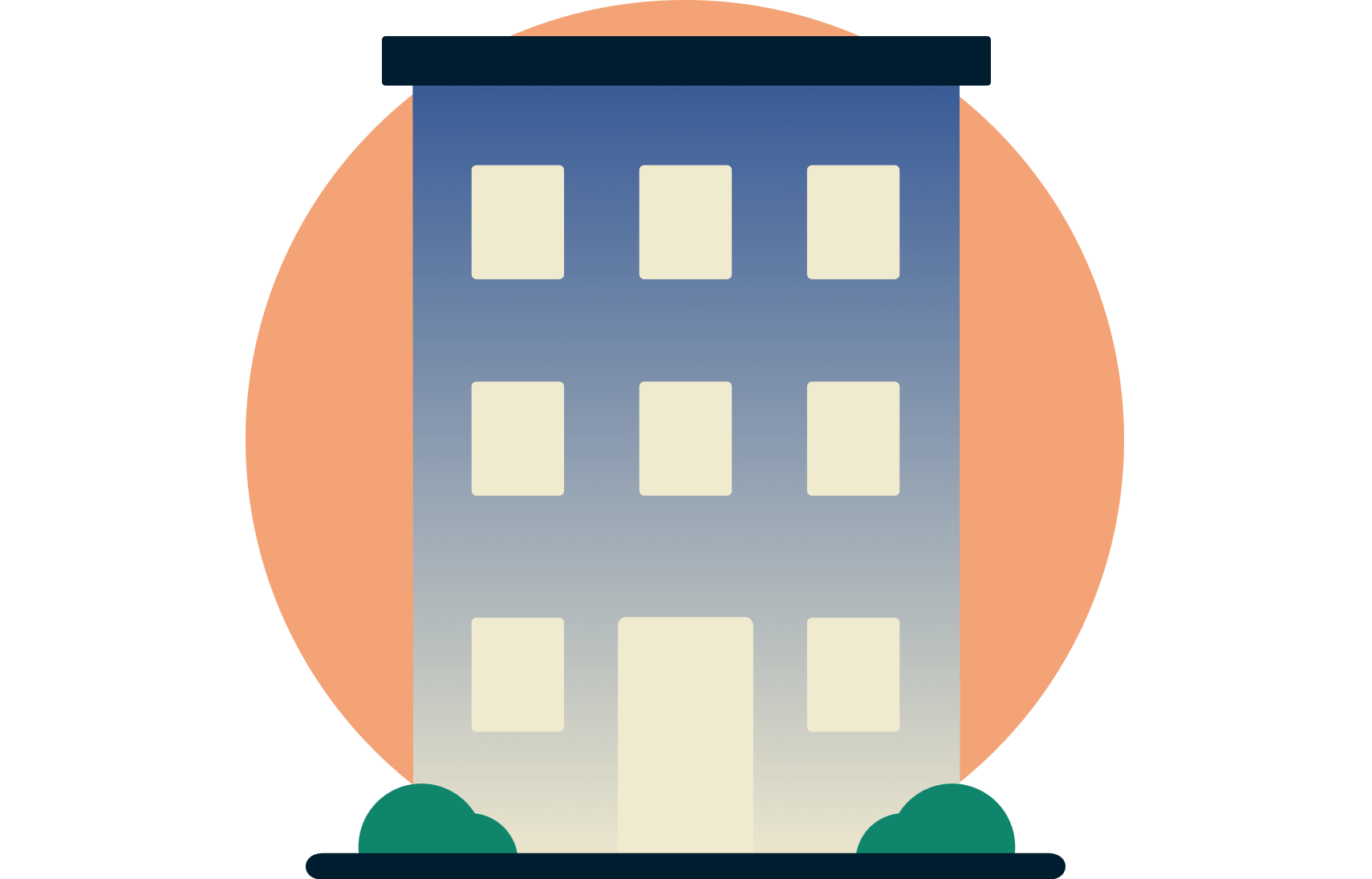 Apartment building against an orange circle.