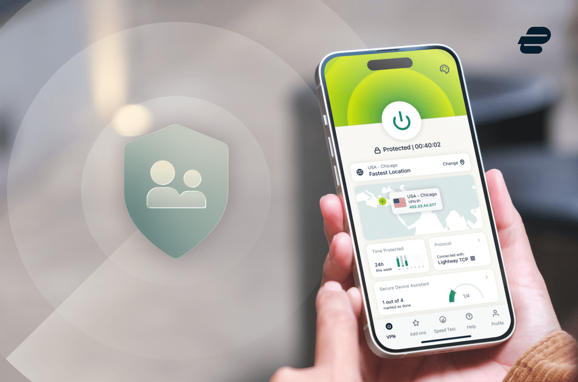 Mobile device running ExpressVPN app with OpenBoundary logo in background