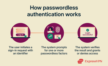 An infographic showing the steps of passwordless authentication from login initiation to successful access