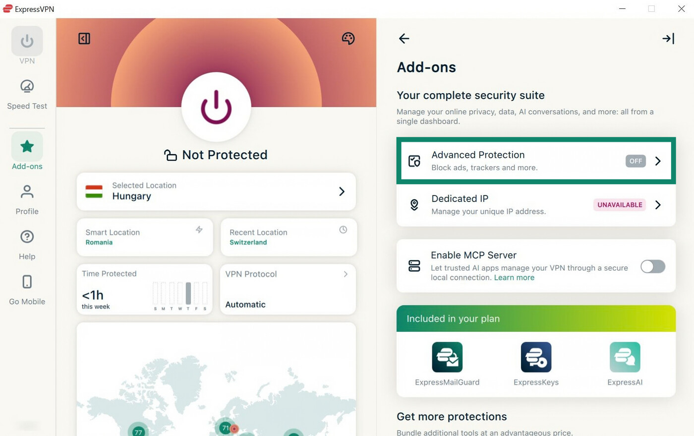 ExpressVPN Windows app interface, showing the add-ons tab and a highlighted "Advanced Protection" option.