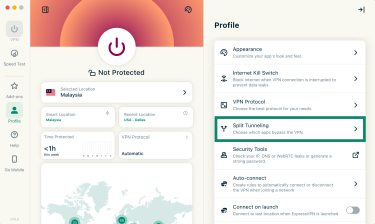 ExpressVPN macOS app interface with Split Tunneling option highlighted.