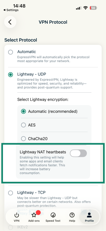 ExpressVPN Android app VPN Protocol screen with the Lightway NAT heartbeats setting highlighted and toggled off.
