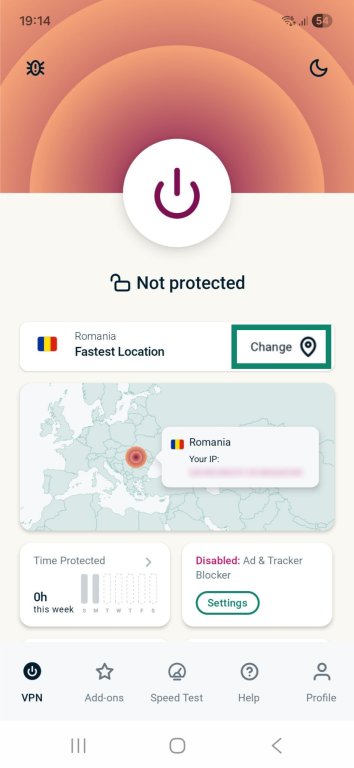 ExpressVPN app showing the "Change" option highlighted.