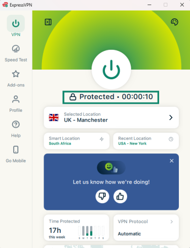 The ExpressVPN Windows app showing the status as protected